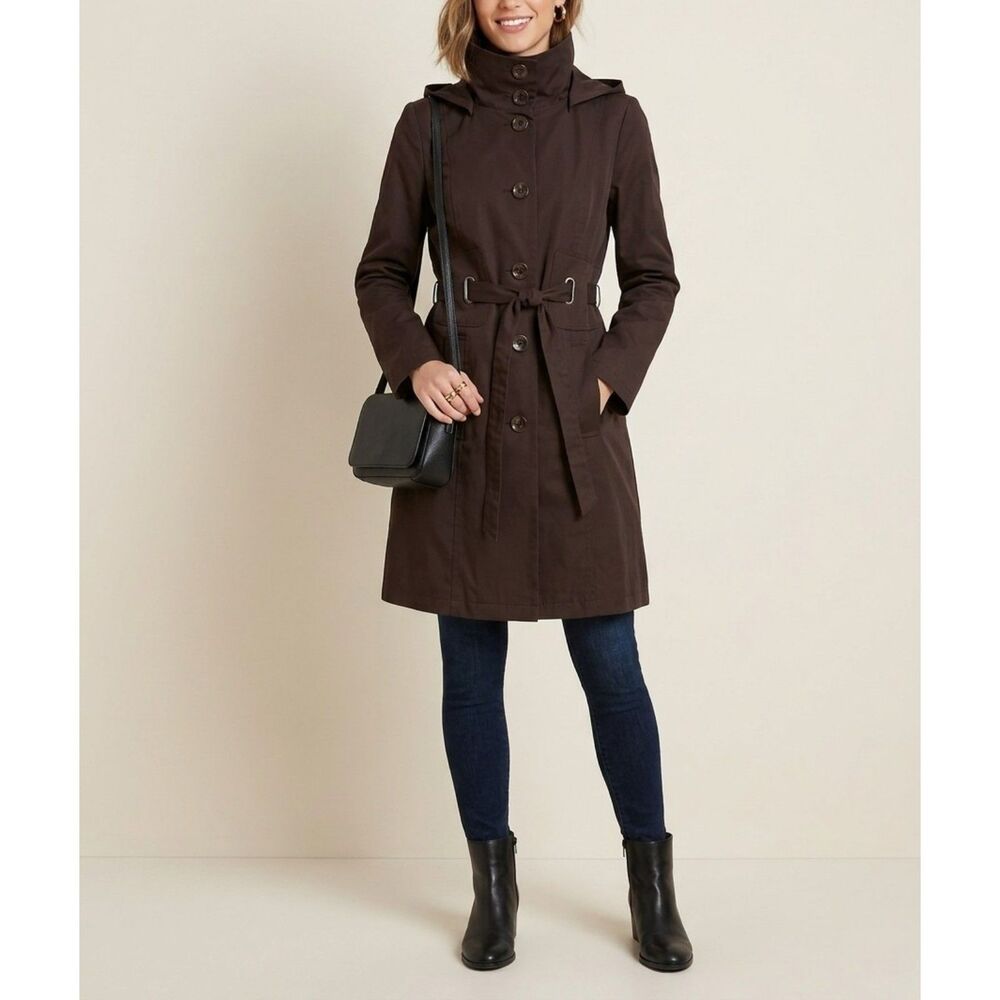 Via Spiga Hooded Chocolate Belted Trench Coat Polished Minimalist Wardrobe Sz M